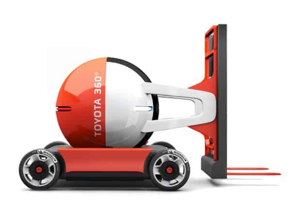 Toyota 360° robot with forklift, innovative autonomous pallet truck, ideal for logistics and warehouse automation.